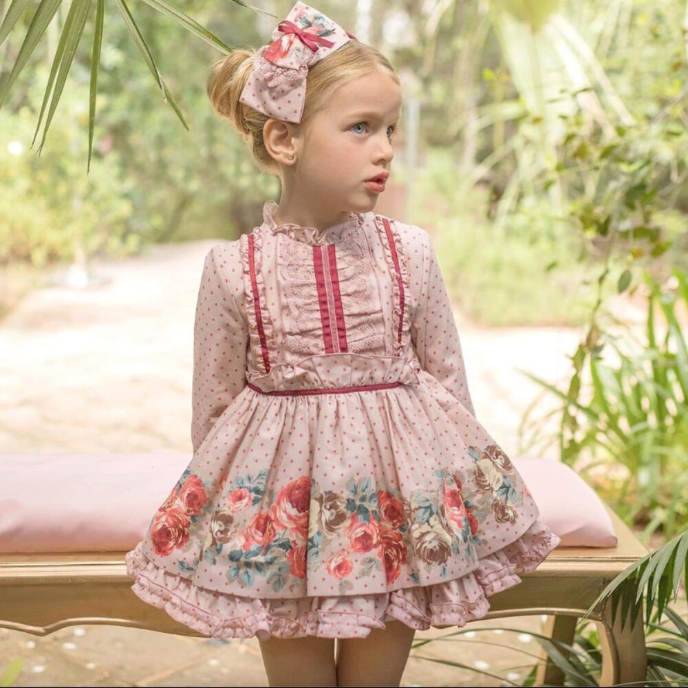 NWT Girls Dolce Petit Spanish Boutique Rose Pink Floral Vintage Style Dress 3T